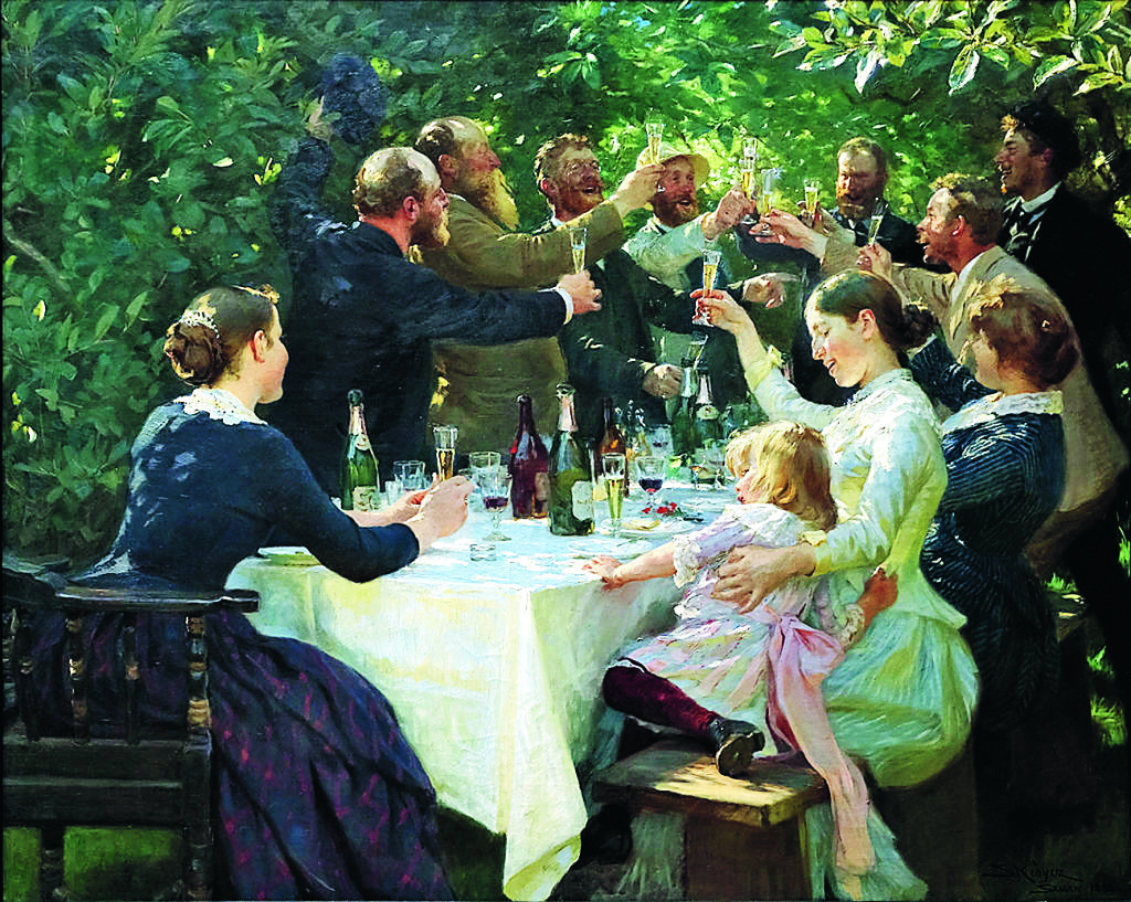 Kring ett dukat bord i en trädgård om sommaren har en grupp konstnärer ur konstnärskolonin i Skagen samlats för en frukost. De höjer sina glas och skålar, kanske för livet, konsten och vänskapen.  Oljemålning av Peder Severin Kröyer.